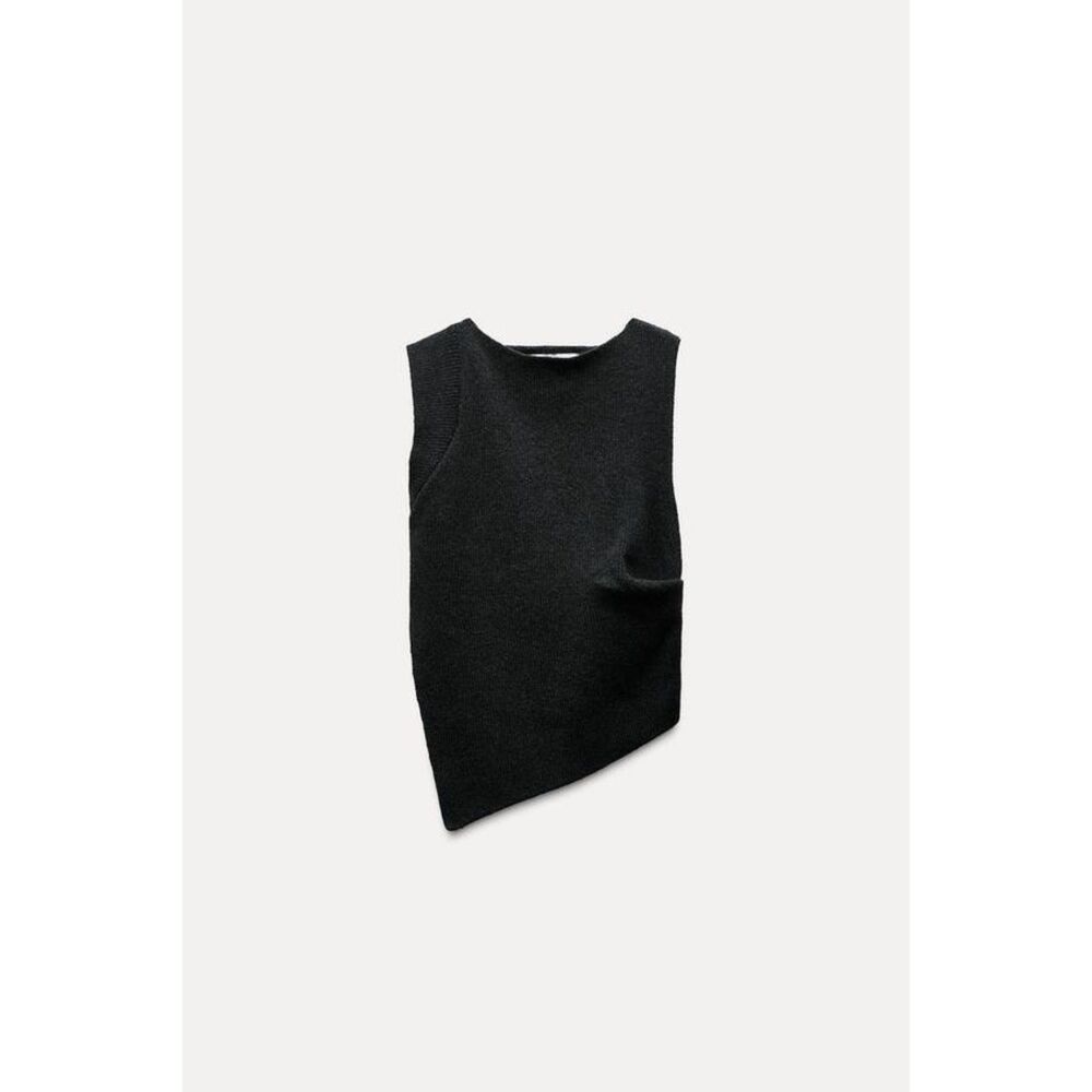 Gray Zara Side Ruched Asymmetrical Hem Ribbed Knit Sleeveless Sweater Top (NWT)